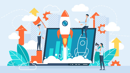 Startup new business project. Development process. Innovation product, creative idea. Start up launch, Start up venture, entrepreneurship concept. Isolated concept creative illustration