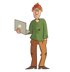 Cartoon, comic style redhead young man holding, using laptop, notebook for freelance work. Vector illustration clip art isolated on white. Brown, green and orange colors.