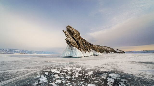 Ogoy Island at Baikal lake in Russia in Winter. Bubble in Ice