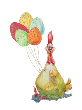Watercolor yellow Easter cockerel with colorful balloons as eggs can congratulate any person on the holiday, as well as cheer up children. Happy Easter eggs for greeting cards.