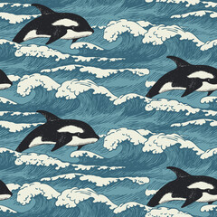 Vector seamless pattern with hand-drawn waves and sharks in retro style. Decorative repeating sea or ocean illustration, blue storm waves with sea foam breakers and swimming killer whales © paseven