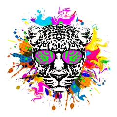 Foto auf Acrylglas tiger head with sunglasses and headphones with creative colorful abstract elements on white background © reznik_val