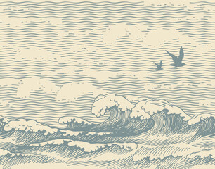 Vector seamless pattern with hand-drawn seascape with waves, seagulls and clouds in the sky. Decorative repeating illustration of sea or ocean, water waves on an old paper background in retro style © paseven