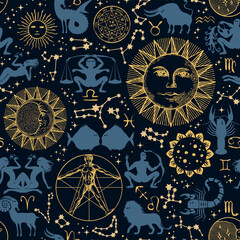 Seamless pattern with zodiac signs, horoscope symbols, sun, moon and human figure like Vitruvian man on a black backdrop with stars and constellations. Abstract vector background in cartoon style