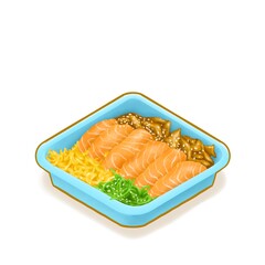 Japanese salmon don (Donburi), a digital painting of salmon sashimi rice bowl in blue tray package isometric cartoon icon raster 3D illustration on white background.