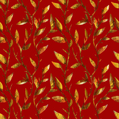seamless pattern with golden branches and leaves, beautiful abstract colorful hand-drawn pattern, art nouveau pattern, hand-drawn