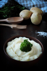 Aromatic mashed potato bowl with herbs.