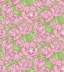 Obraz premium Vector seamless floral pattern with pink roses on green background. Use for fabric, paper, decoration, any backgrounds.