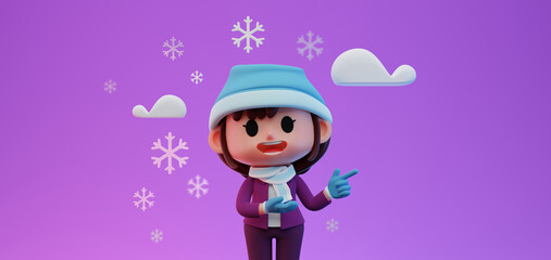 3D render illustration of cute  Weather Forecast Women Reporter character in cold winter, snowy day
