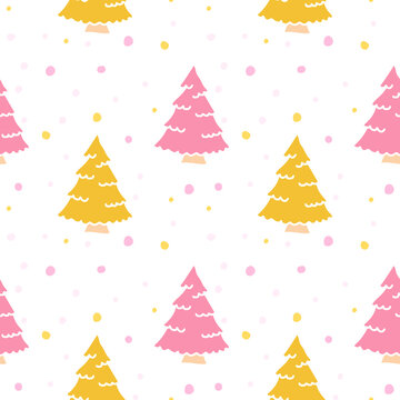 Seamless winter pattern. Background with snowflakes and colorful trees. Perfect for wrapping paper, greeting cards, textile print. © Alina