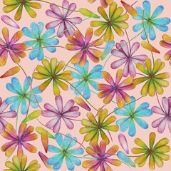 Colorful flowers on pink background: tender floral wallpaper, spring and summer textile print. Hand drawn with pencils. Seamless pattern.