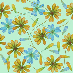 Fototapeta na wymiar Blue and yellow flowers on light-blue background: tender floral wallpaper, blooming textile print. Hand drawn with pencils. Seamless pattern.