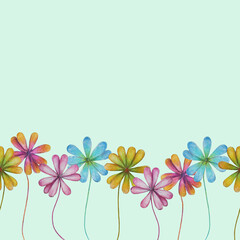 Colorful flowers in a raw on light-blue background: tender floral illustration, blooming frame/background for your text. Hand drawn with pencils. Seamless pattern.