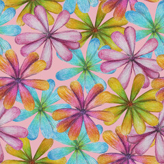 Colorful flowers on pink background: bright floral wallpaper, blooming textile print. Hand drawn with pencils. Seamless pattern.