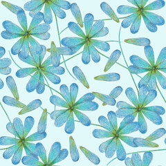 Blue flowers on light-blue background: tender floral wallpaper, spring textile print. Hand drawn with pencils. Seamless pattern.