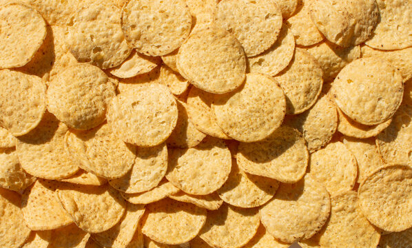 Large Laid Out Group Of Round Style Nacho Mexican Tortilla Chips