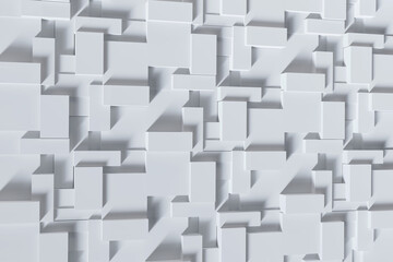 3D rendering, a wall of a chaotic jumble of white rectangular blocks of various sizes, arranged at different heights, casting shadows diagonally. Abstract geometric background.