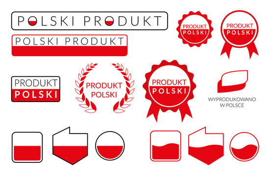 Fototapeta Wyprodukowano w Polsce PRODUKT POLSKI ikona symbol na opakowania, zestaw różnych znaków i logo. Wektor layout made in poland.