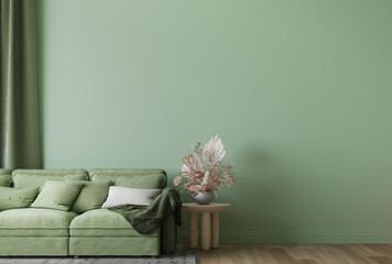 Wall mockup in modern living room design, minimal furniture with wooden home accessories on green background, 3d render