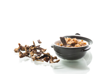 boiled buckwheat with organic forest dried mushrooms in a ceramic bowl