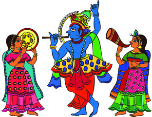 Lord Krishna Indian God of love. in Madhuni painting style on wall, Jaipur, Rajasthan