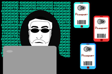 hacker with laptop and a data of the immunity passports.