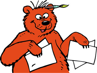 Vector drawing of a brown bear with a brush on the ear and white sheets in his hands