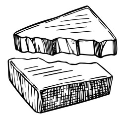 Broken piece of chocolate. Single hand drawn vector illustration. Outline, retro, engraving style clipart isolated on white. Black sketch drawing for candy shop, menu decor, design, sticker, wrap.