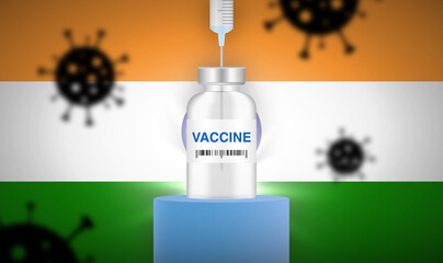 Vaccine vial with a needle in, on a podium with virus particles in the background. Vector illustration. Indian flag.
