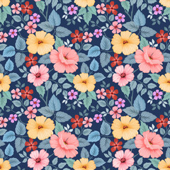 Floral seamless pattern with dark blue monochrome background for fabric, textile, and wallpaper.