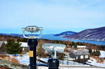 Coin Operated Binoculars looking to beautiful scenic view at Scenic Overlook in town of South Bristol.  Overlooking Canandaigua Lake, one of Finger Lakes in New York. 