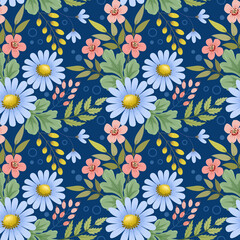 Floral seamless pattern with dark blue monochrome background for fabric, textile, and wallpaper.