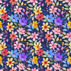 Floral seamless pattern with dark blue monochrome background for fabric, textile, and wallpaper.