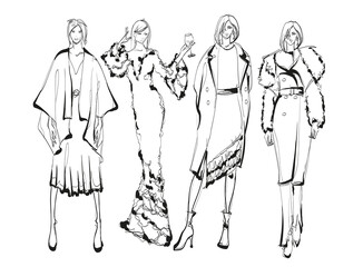 Beautiful young women in modern style.. Hand drawn stylish woman portrait. Fashion lady. Summer outfit. Sketch set. Fashion model posing in coat. Hand drawn fashion woman.