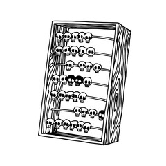 old wooden abacus with skulls, accounting equipment, mass death concept, vector illustration with black ink contour lines isolated on white background in cartoon and hand drawing style