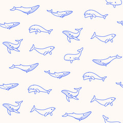 Simple seamless trendy pattern with different types of whales. Flat design print on white background.