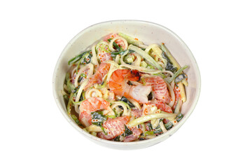 vegetables salad by a salmon and a shrimp in a plate it is isolated on a white background