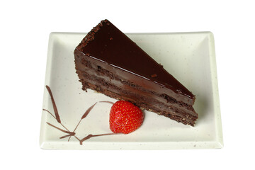 piece of chocolate cake in a plate a dessert it is isolated on a white background