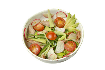 salad with chicken by avocado and vegetables in a soup plate it is isolated on a white background