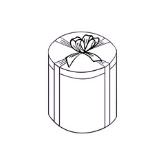 A jpeg illustration of a round gift box with a ribbon and a bow isolated on white background. Designed in a classic style for prints, wraps, as a coloring page for adults and kids.