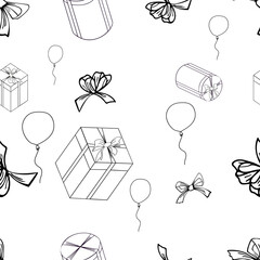 A jpeg illustrartion of gift square and round boxes, bows and balloons randomly ordered and isolated on white background. Designed for prints, wraps, backgrounds, textiles, wallpapers