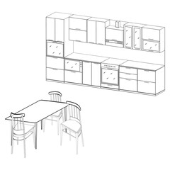 A jpeg illustration of a 3d kitchen furniture with a stove, an oven, a microwave set and a dinner table with three chairs isolated on white background. 