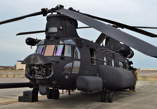 A special forces CH-47 Chinook helicopter on the flightline