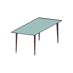 A jpeg illustration of a green-blue square table with brown legs isolated on white background. A design element for projects and interior plans