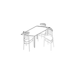 A black and white jpeg illustration of a square table with three chairs isolated on white background. A design element for projects and interior plans, coloring book page