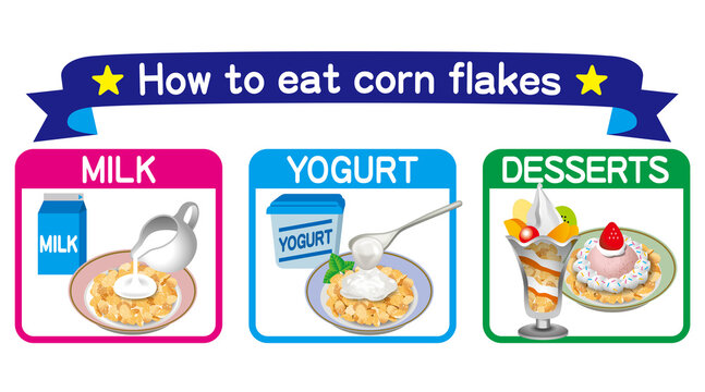 Illustration of corn flakes. How to eat corn flakes. 
