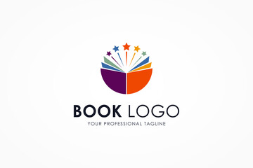 Creative Education Logo. Colorful Open Book Icon with Starburst Combination isolated on White Background. Usable for Business and School Logos. Flat Vector Logo Design Template Element.