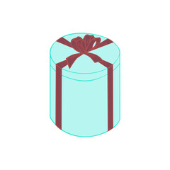 A vector illustration of a turquoise round gift box with a bright ribbon and a bow isolated on white background. Designed in a classic style for prints, wraps for adults and kids.