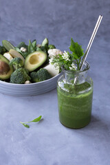  Vitamin K set with green nettle leaves, broccoli ,cauliflower,avocado apfel and green smoothie.
Healthy green cocktail