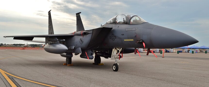 An Air Force F-15E Strike Eagle fighter jet on a runway